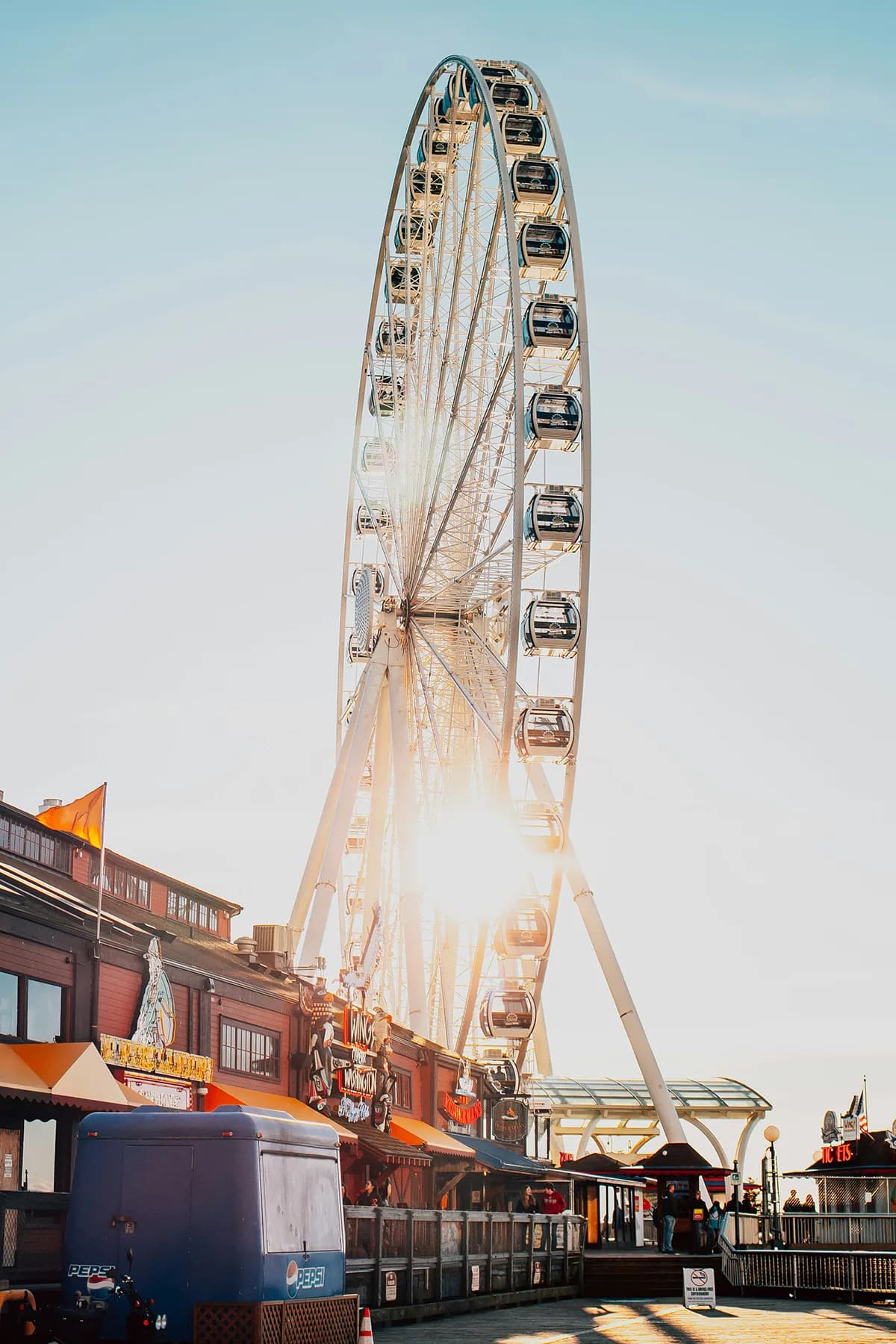 Grande roue sur un front de mer aux États-Unis, image liée à une année scolaire aux États-Unis et aux moments de loisirs en ville.
